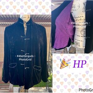 Simone Chin Chin Black Velvet Evening Coat Purple Silk Lining Vintage Jacket MD